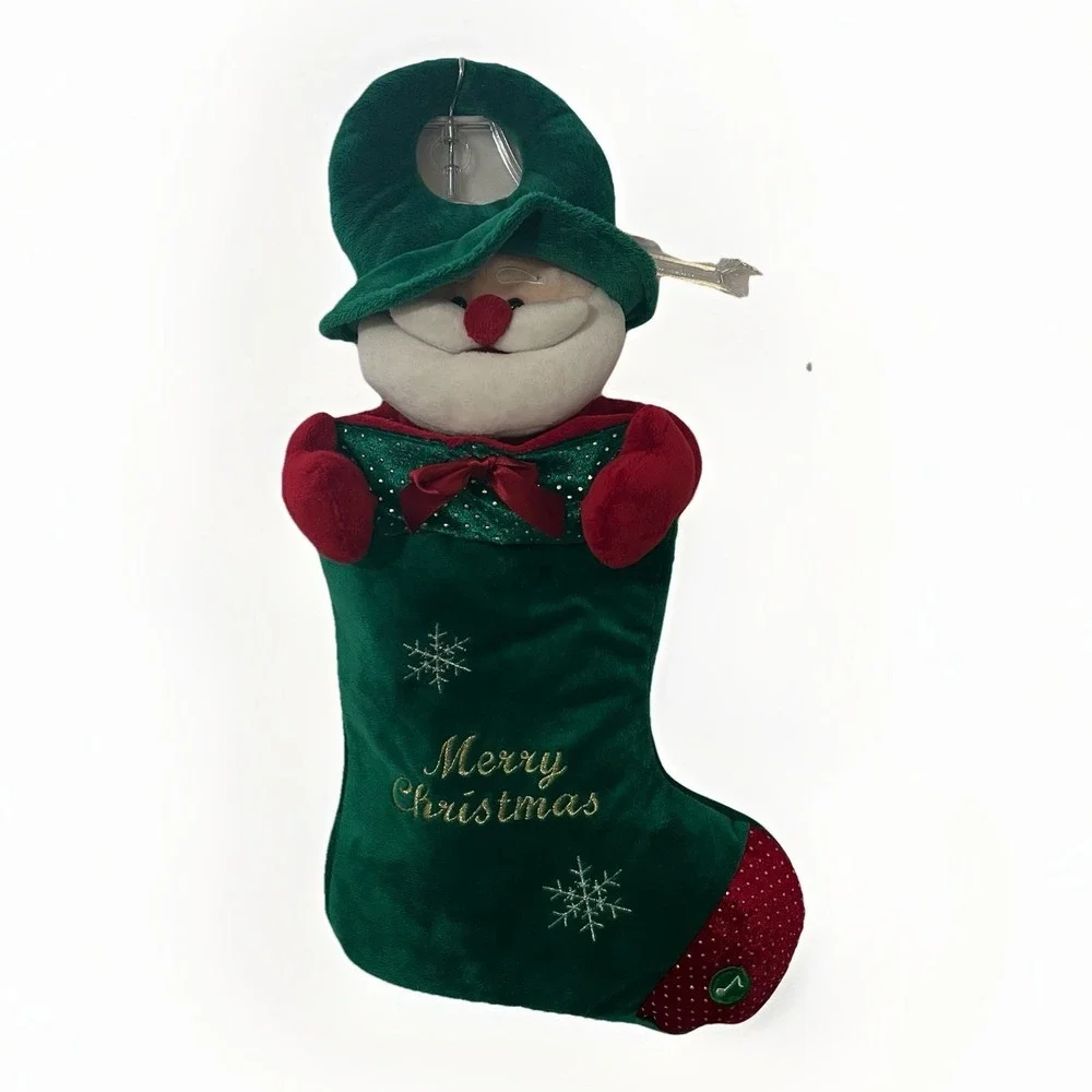 MERRY CHRISTMAS Plush Stocking Santa Claus 3D Head Green Velvet 18